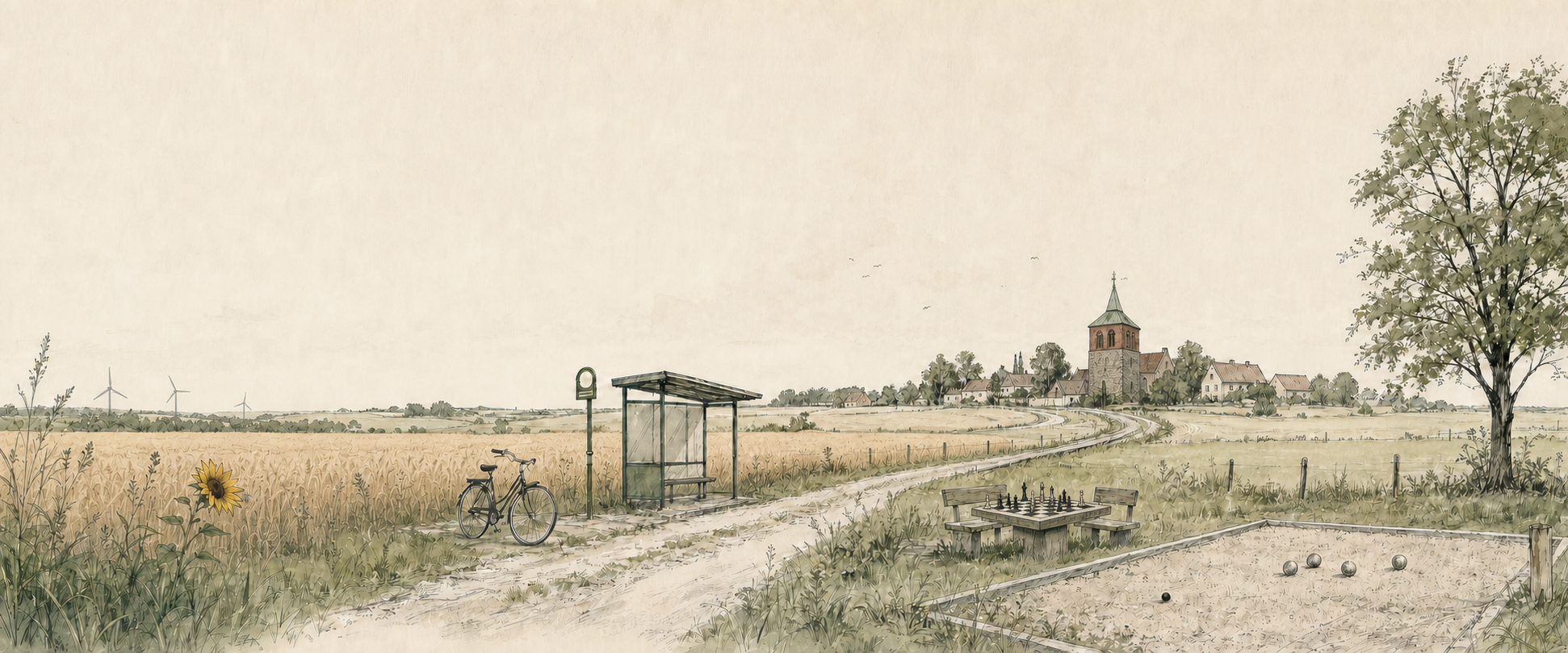 Altmarklandschaft mit Getreidefeld, Bushaltestelle, Schachtisch, Bouleplatz, Feldsteinkirche und Windrädern